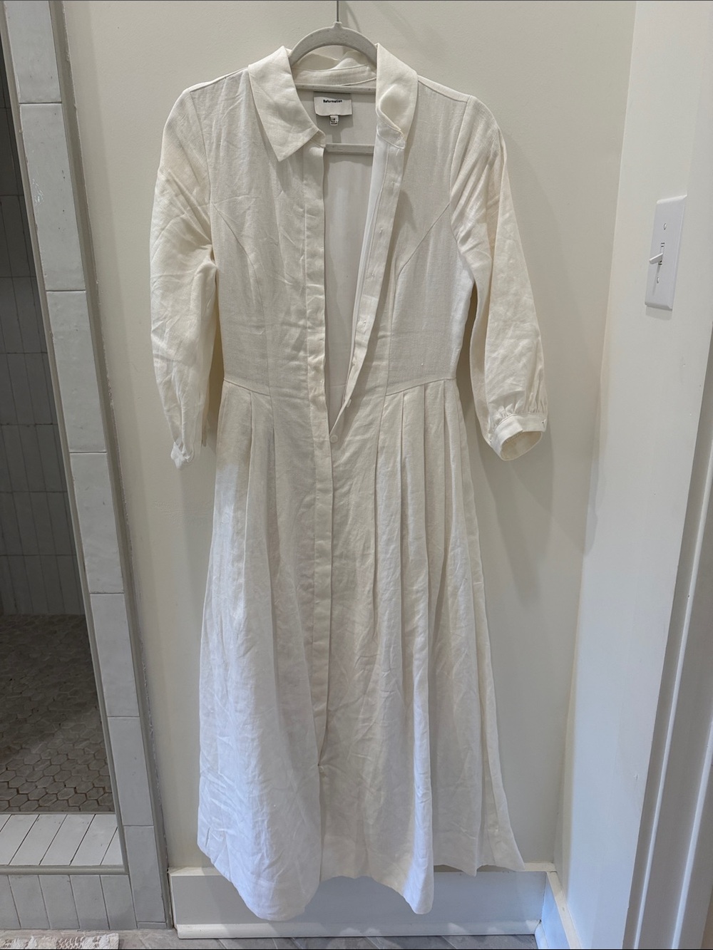 Reformation Cream Button-Front Long Sleeve Midi Dress